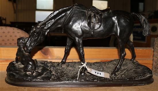 After Pierre Jules Mene. Equestrian group of a horse and dog Jument a lEcurie Juoant avec un chien length 18.5in(-)